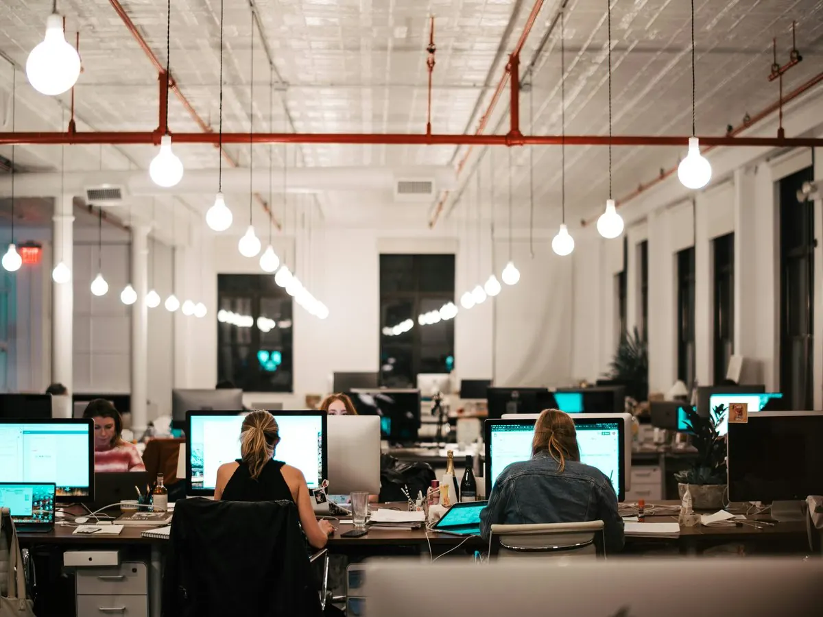 An open plan office with people working at desks under pendant lighting