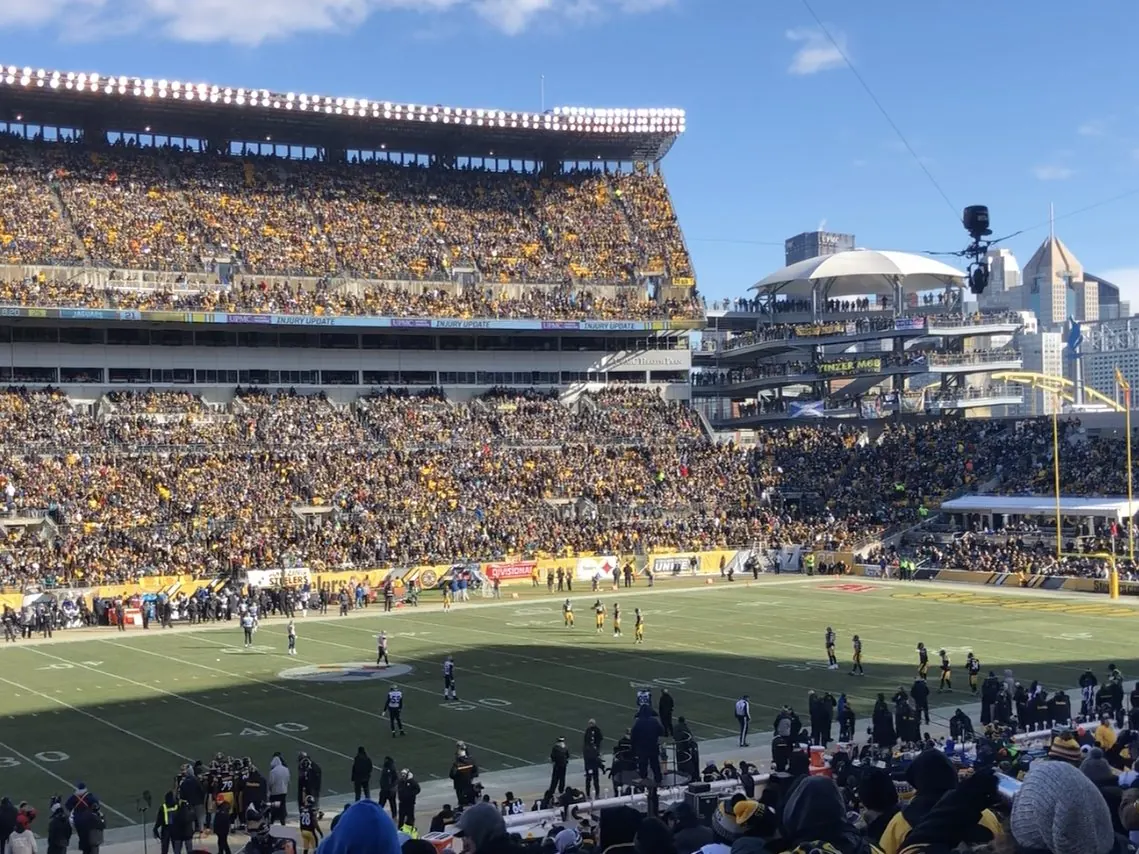 A packed Steelers game day crowd with the Pittsburgh skyline beyond the stadium